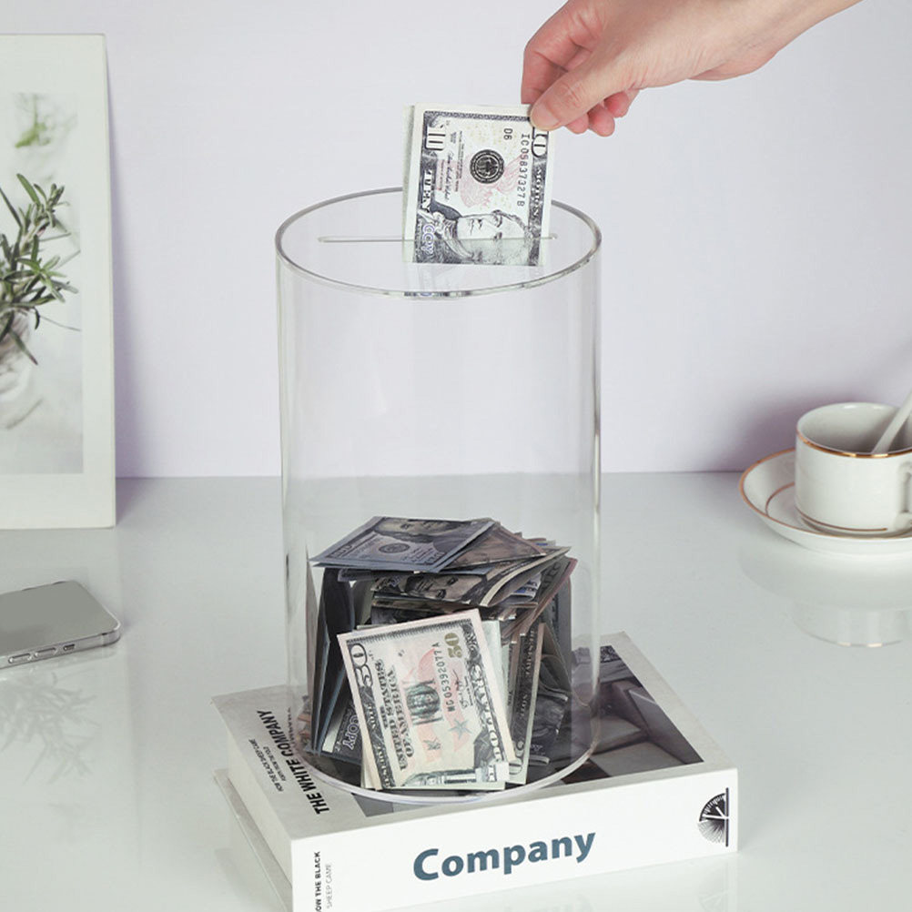 Kids Education Savings - Clear Acrylic Piggy Bank Modern Cube