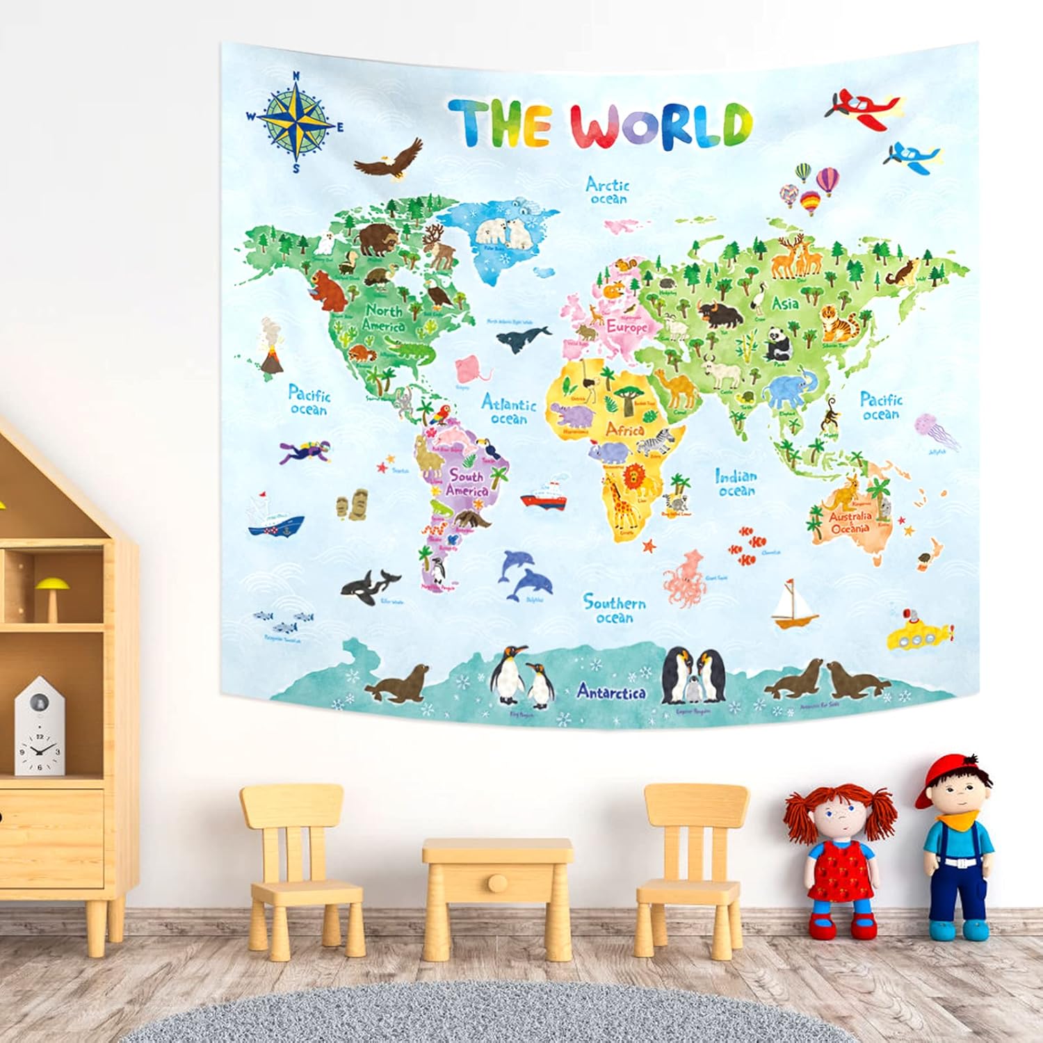 Kids World Map Wall Tapestry E - Kids Education Room บทวิจารณ์และราคา