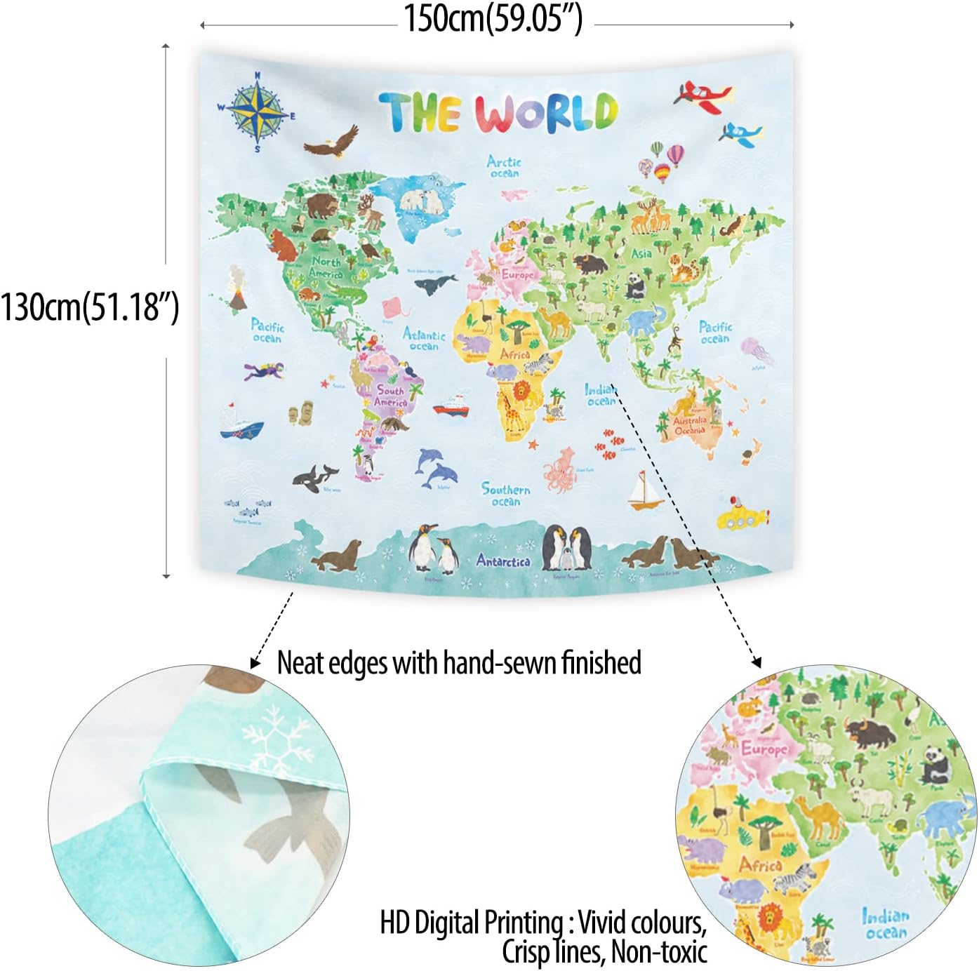 Kids World Map Wall Tapestry E - Kids Education Room บทวิจารณ์และราคา